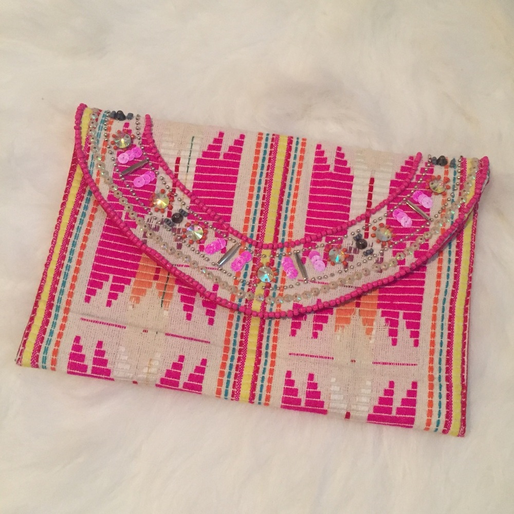 Embellished, beaded clutch